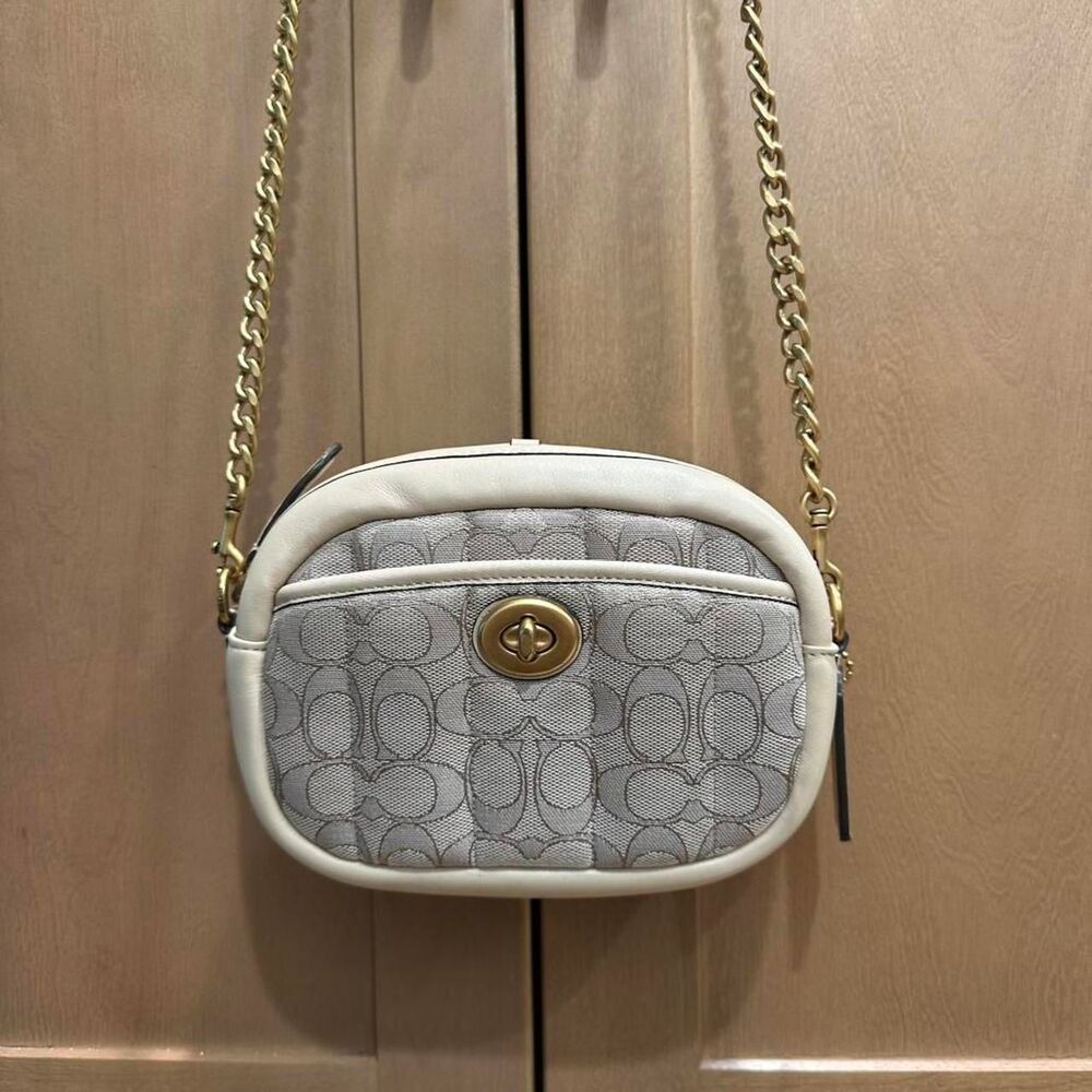 Coach Small Camera Bag Quilted Signature Jacquard and Cream Beige Leather C5275